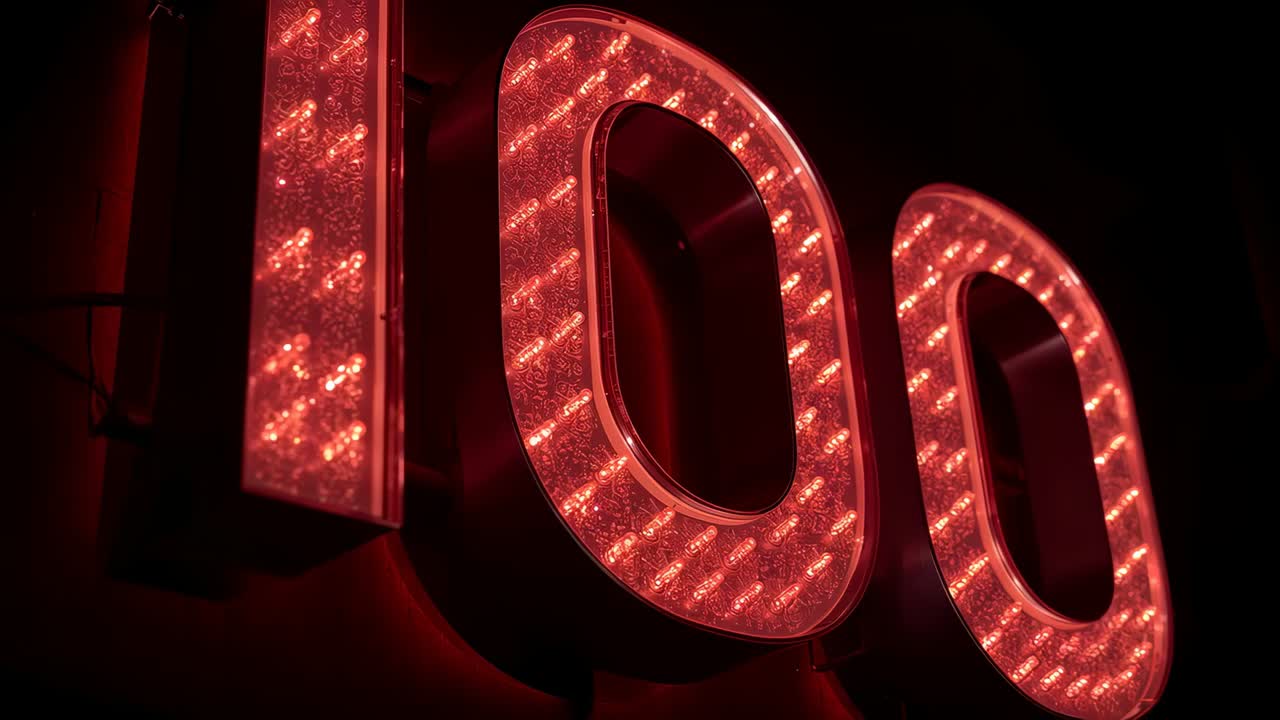 Moving camera sliding right, zooming, revealing red LED 100 sign at dark panel, showing LED texture