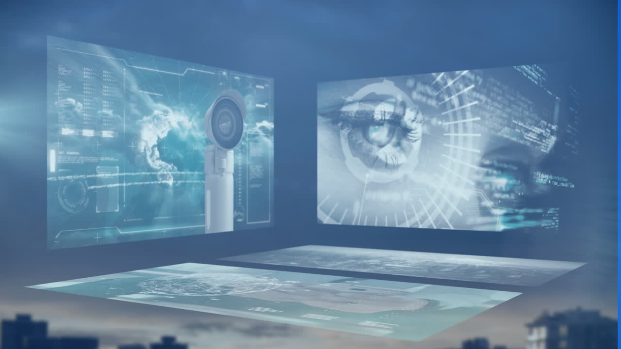 animación del procesamiento de datos en pantallas sobre el paisaje