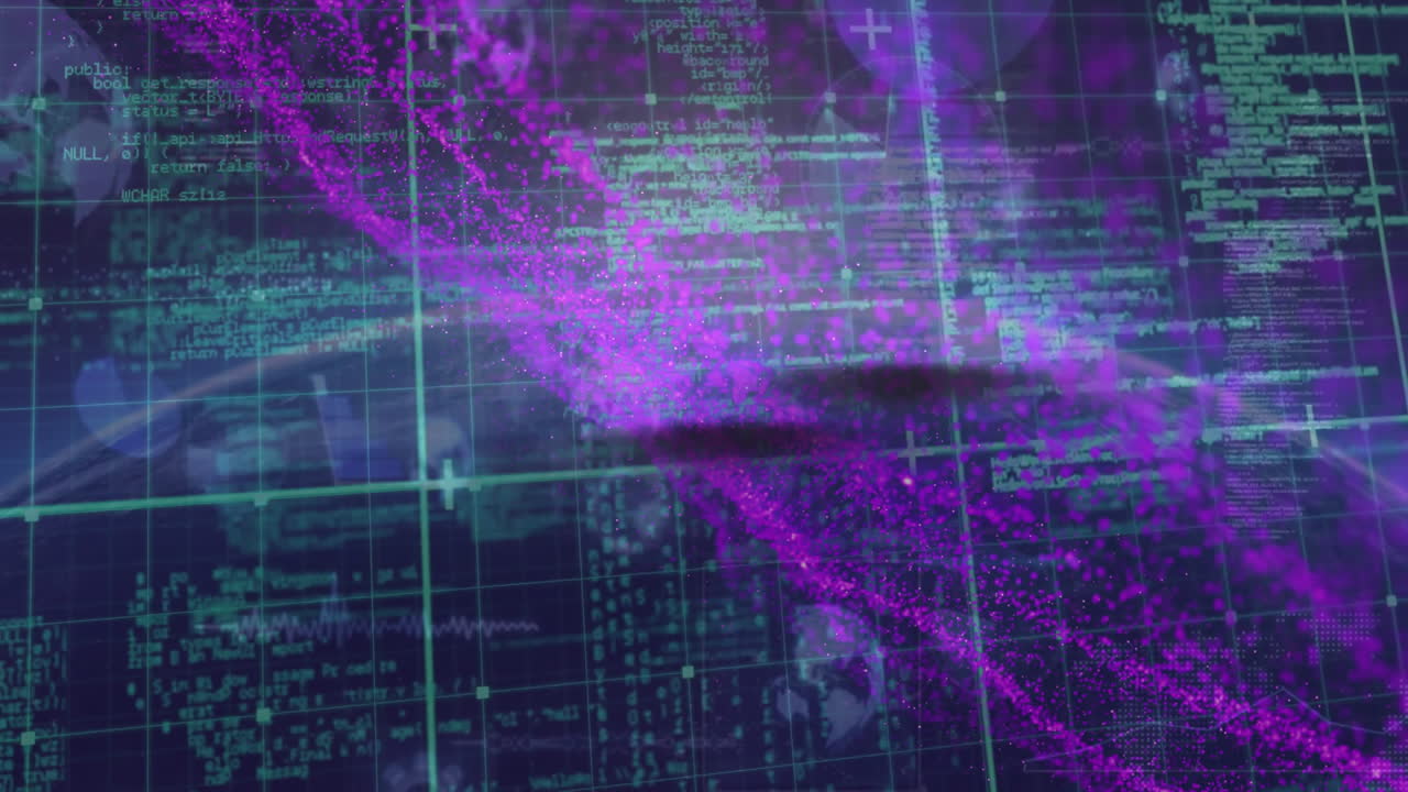 Animation of purple digital particles forming abstract patterns over grid with data
