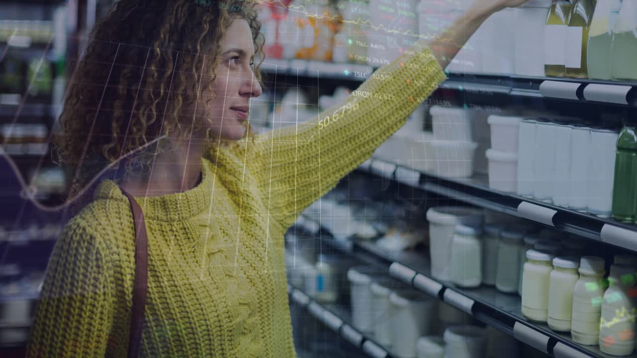 Animation of data processing over caucasian woman in shop