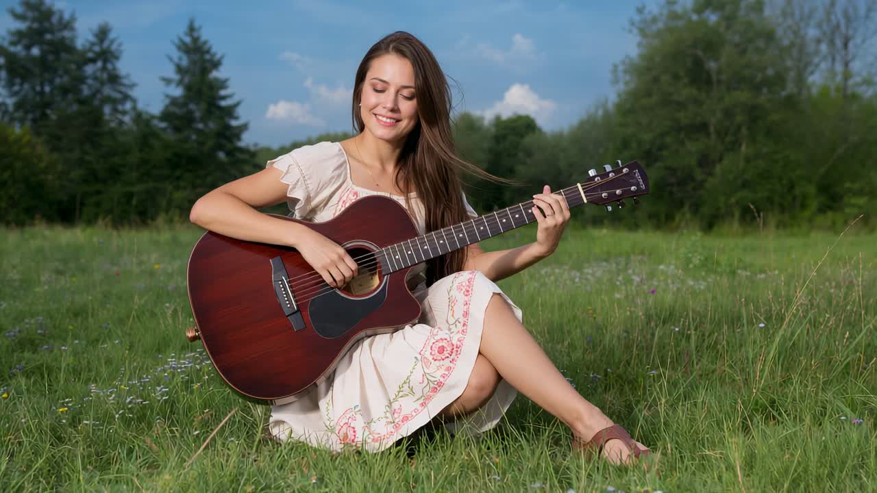 Kvinna som sitter i en ljus sommarklänning och håller en akustisk gitarr på en gräsbevuxen äng och spelar för att koppla av