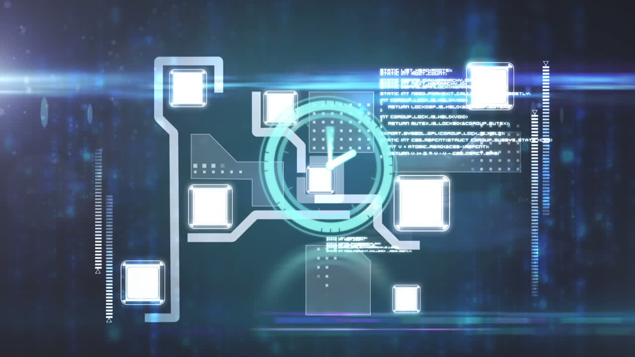 Animation of clock moving fast over data processing on screen
