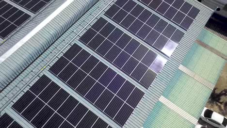 aerial view of large scale solar panels on modern factory roof