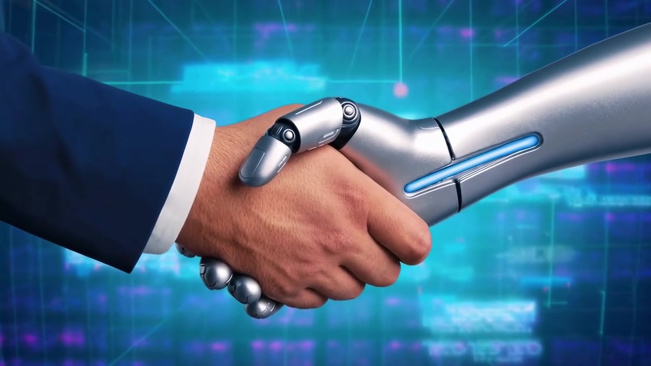 Stretta di mano tra umano e robot su sfondo di tecnologia digitale