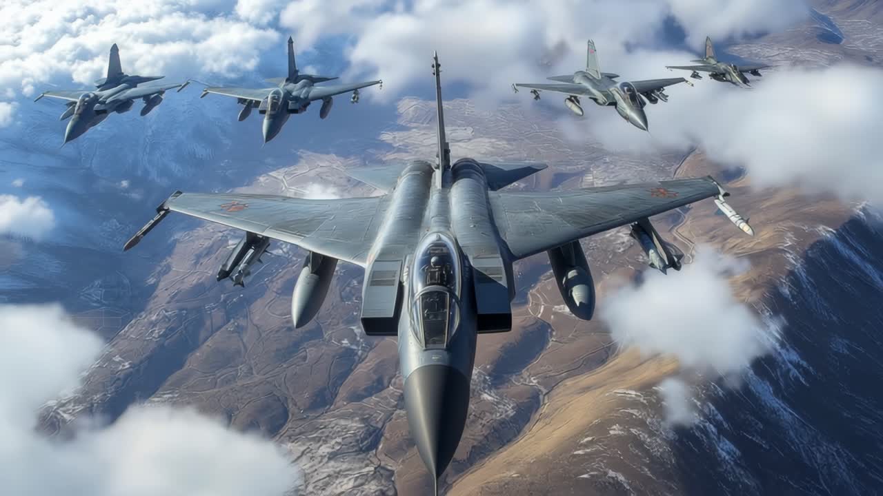 Jets flying high over mountains. A group of fighter jets flies in formation over mountainous terrain, showcasing military precision and aerial dynamics.