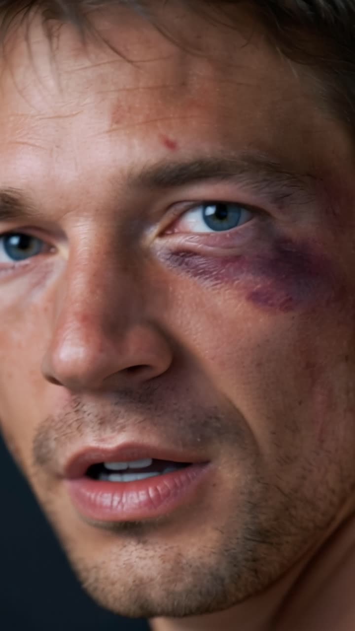 Bruised eye, tired gaze, stubble, and quiet intensity. Man's face shows signs of physical struggle. His expression conveys calm resilience despite injury. Perfect for scenes of aftermath, recovery