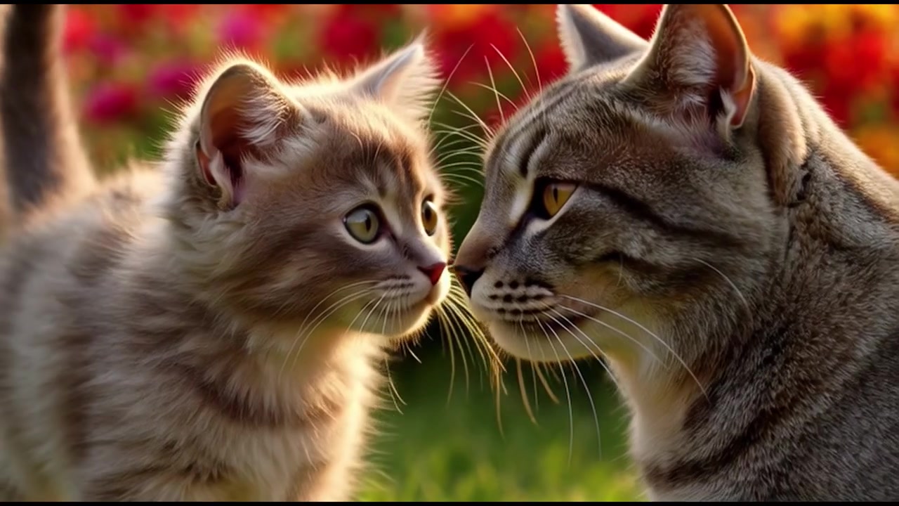 Chat adulte et chaton se touchant le nez dans un jardin fleuri.
