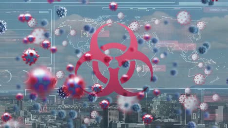 animation of biohazard symbol and virus cells over world map and cityscape