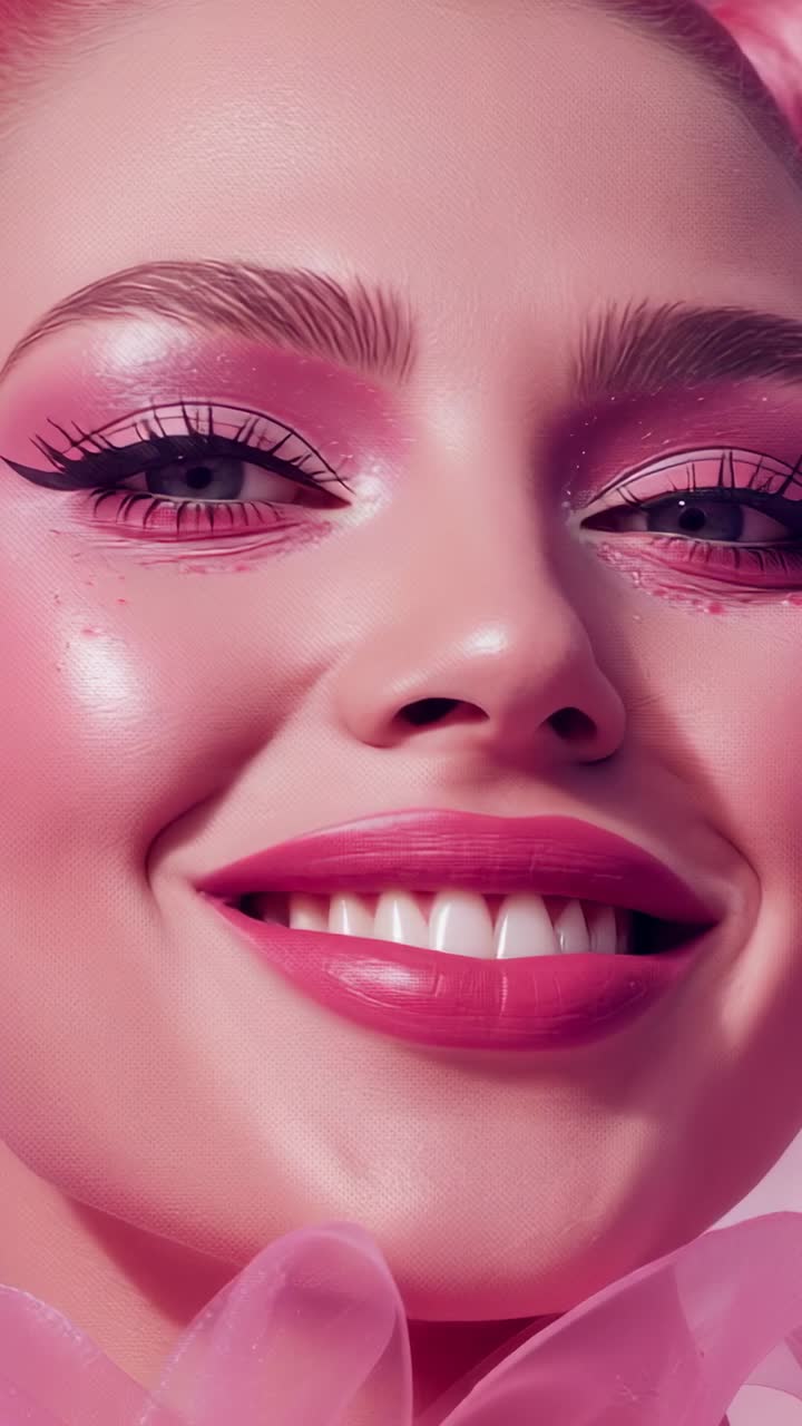 Video verticale: donna in studio che ammicca e poi sorride, con trucco glitterato rosa, che mostra il trucco