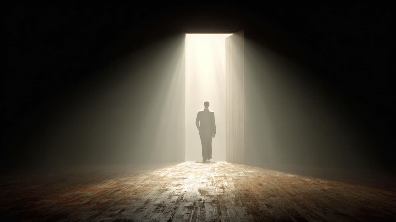 A lone figure in a suit steps through an illuminated doorway, symbolizing a transition between darkness and light, representing hope, opportunity, and new beginnings in a mysterious atmosphere
