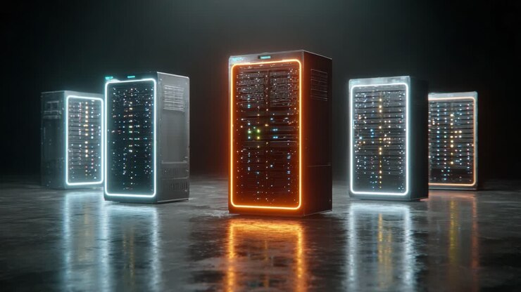 A Showcase of Advanced Data Center Servers Illuminated with Vibrant Lights, Representing Cutting-Edge Technology and Modern Computing Infrastructure in a Dark Environment