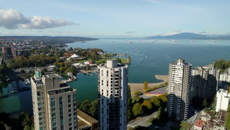 high-rise buildings overlooking the english bay in vancouver, british columbia, canada. - aerial shot