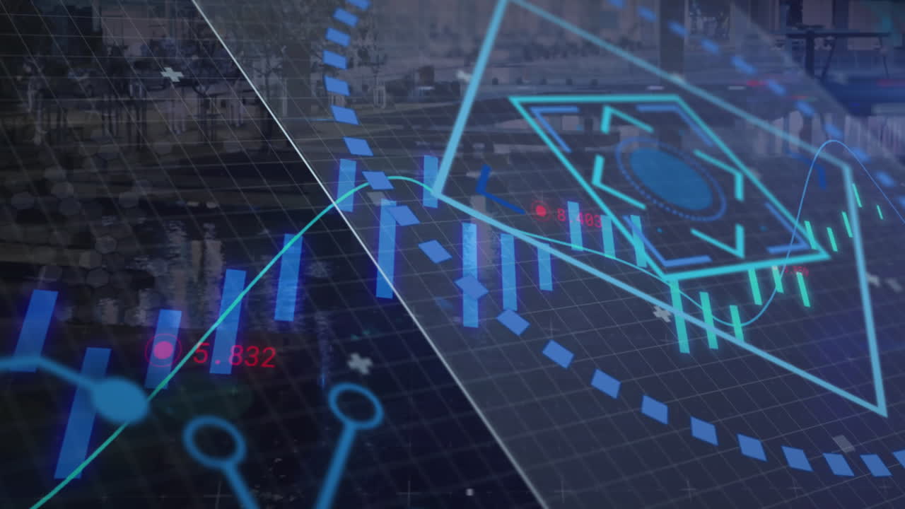 도시 풍경 위의 데이터 처리 및 범위 스캐닝의 애니메이션