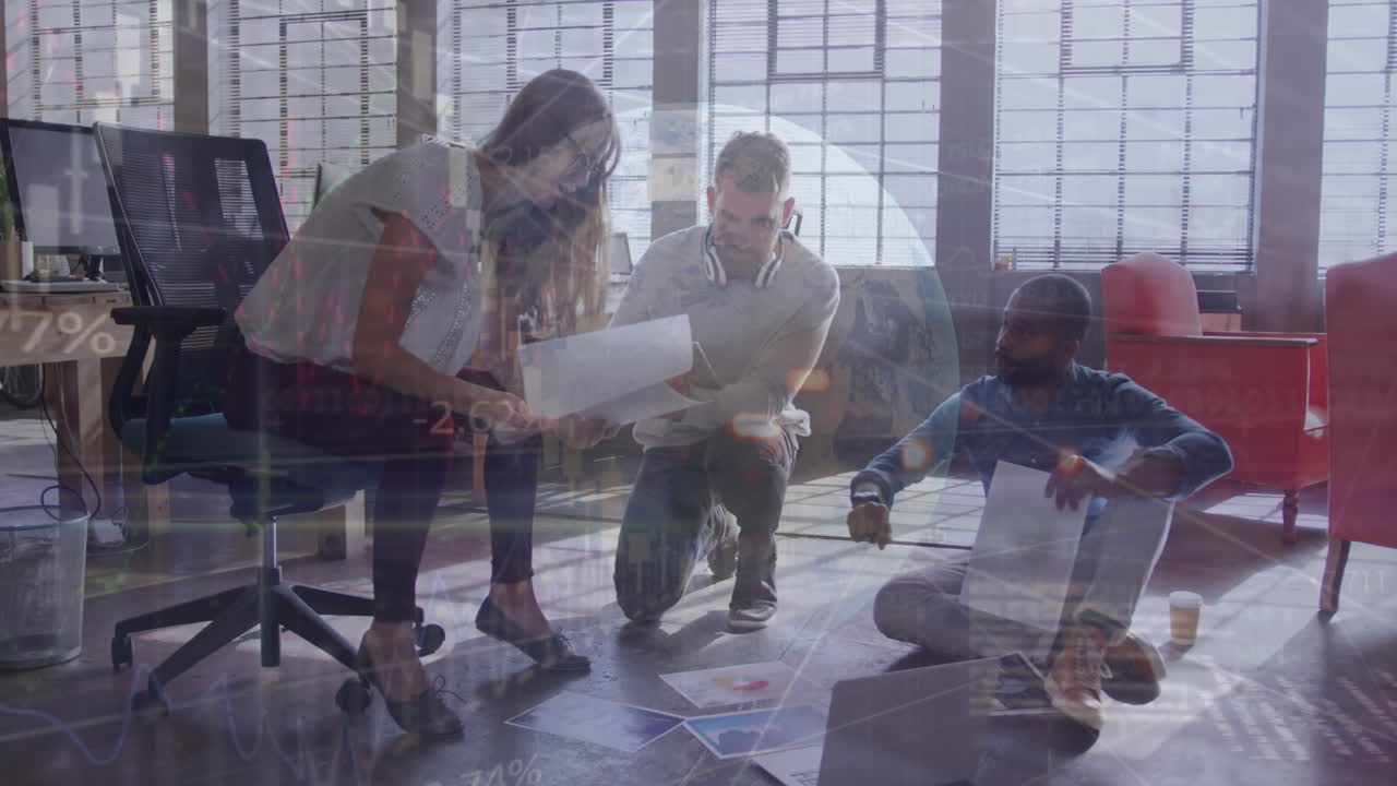 Animation of globe, statistics and data processing over diverse business people
