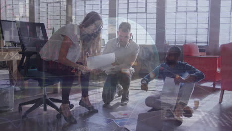 animation of globe, statistics and data processing over diverse business people