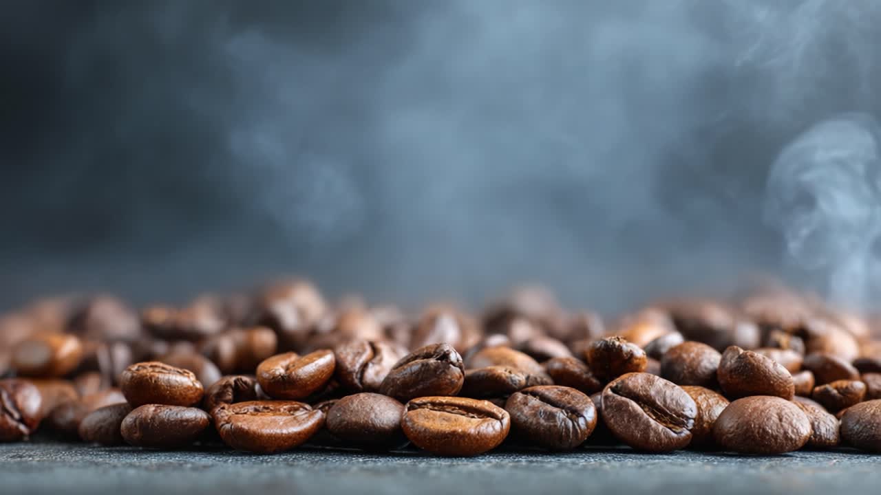 Aromatiske ristede kaffebønner på en mørk baggrund med diskret opstigende damp, der indfanger kaffekulturens rige essens og dybde i et nærbillede