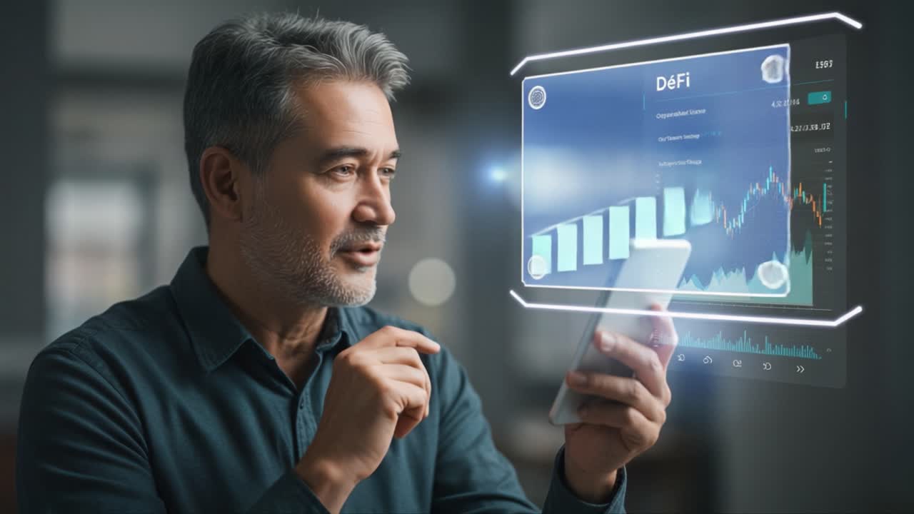 Engaging in Digital Finance: A Thoughtful Individual Analyzing DeFi Trends and Market Data on Their Smartphone, Capturing a Moment of Modern Investment Strategies
