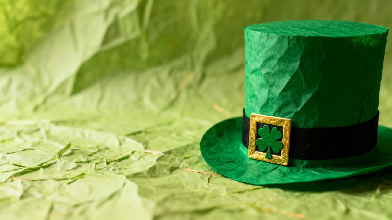 Zooming camera moving closer to green top hat on studio table, showing shamrock buckle, copy space