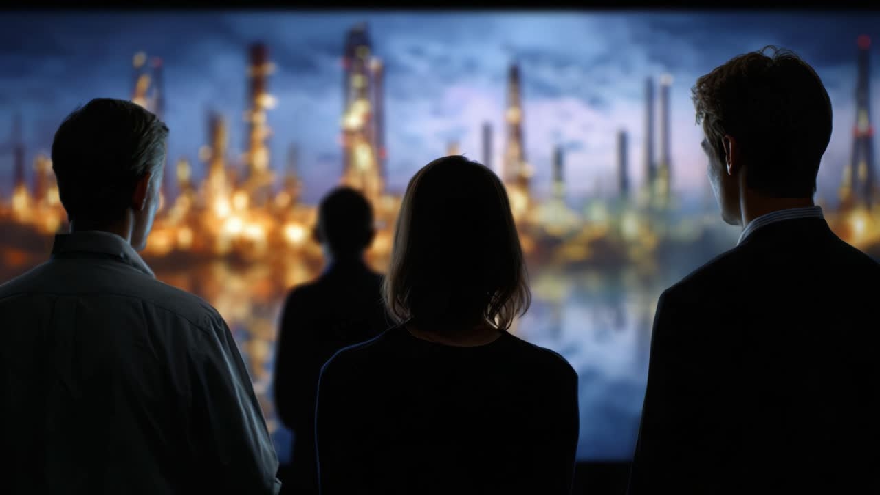 Silhouetted figures gaze at glowing industrial refinery at twilight. People stand still, observing distant lights. Mood reflects contemplation or concern about industrial impact
