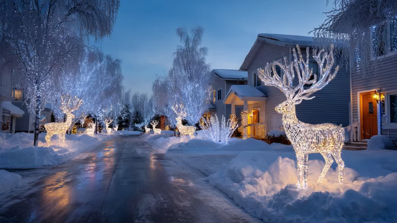 Stunning Winter Wonderland: A Magical Street Drenched in Sparkling Holiday Lights Featuring Enchanting Reindeer Displays Amidst Glimmering Snow-Covered Homes
