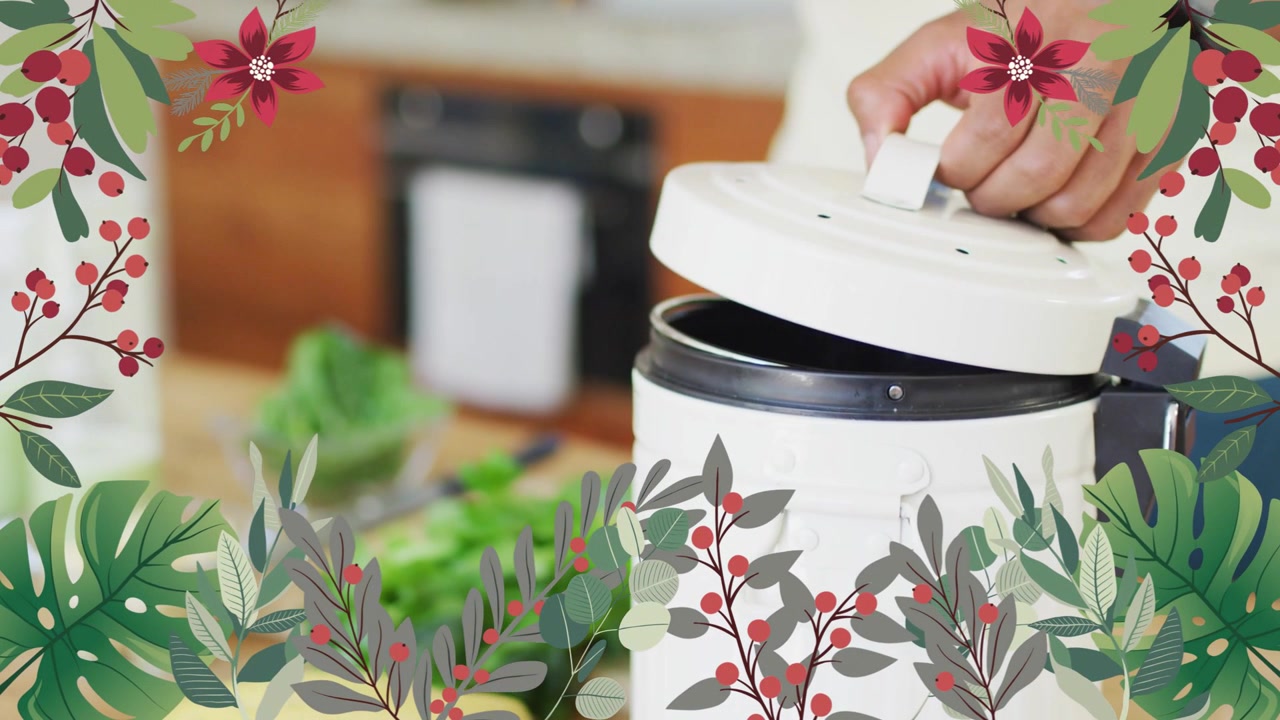 Home cook lifting bin lid, dropping banana peel to compost after chopping greens, floral frame