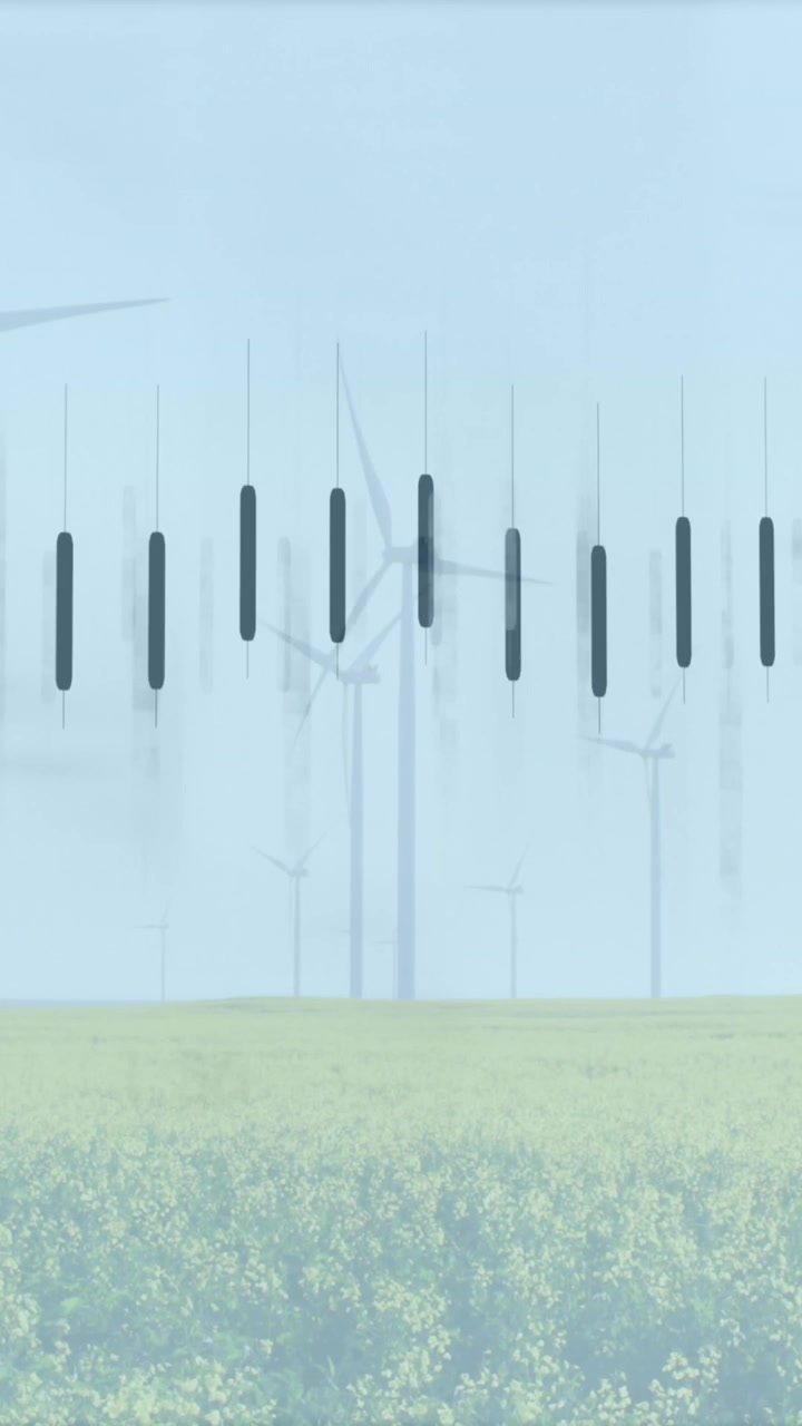 Animazione di elaborazione dati finanziari su turbine eoliche e paesaggio