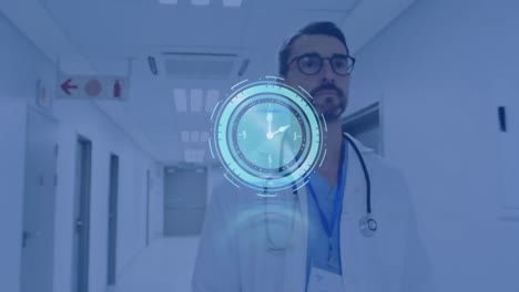 animación del reloj moviéndose rápido sobre el médico masculino