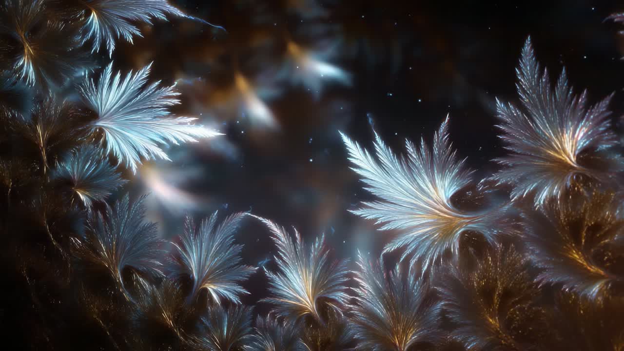 A Mesmerizing Display of Abstract Fractal Patterns with Radiant Feathery Leaves in Blue and Gold Hues, Creating a Stunning Visual Composition of Light, Color, and Organic Shapes