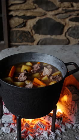 cooking stew over an open fire with a wooden spoon