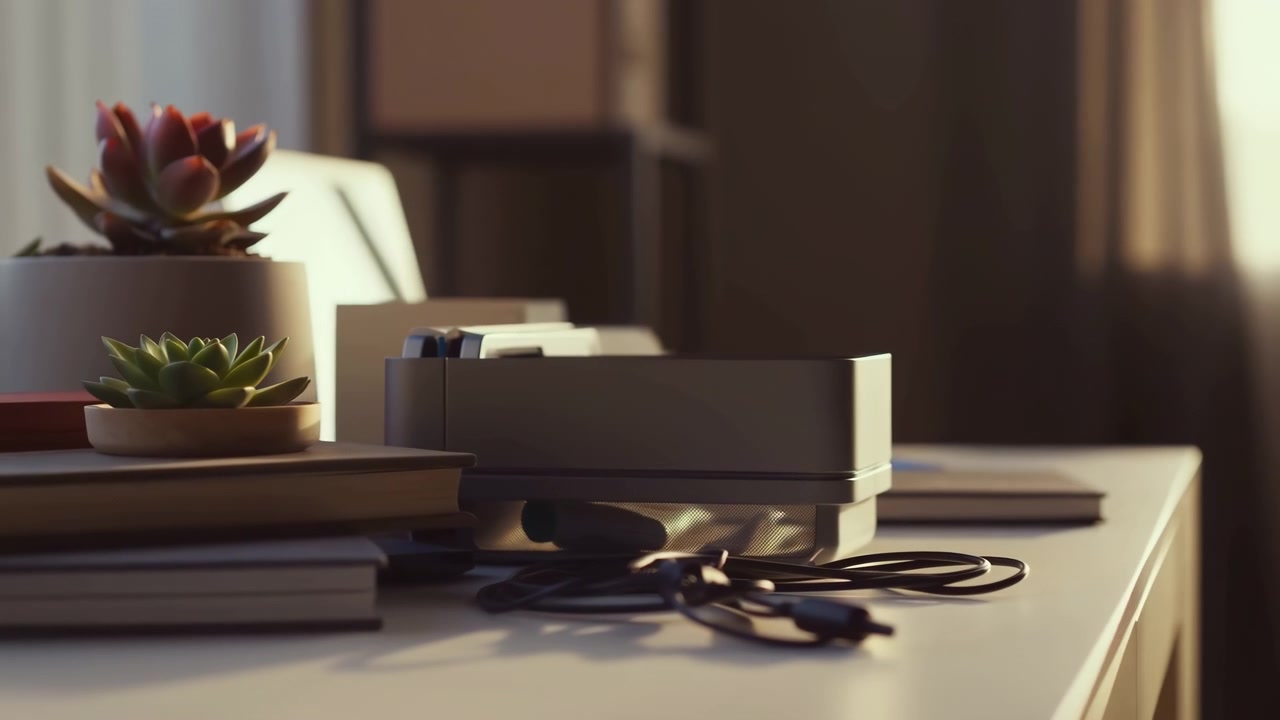 Close view of desk corner showing two potted succulents on stacked books beside coiled cable and small device, with warm sunlight, soft shadows, muted tones, and calm modern workspace mood