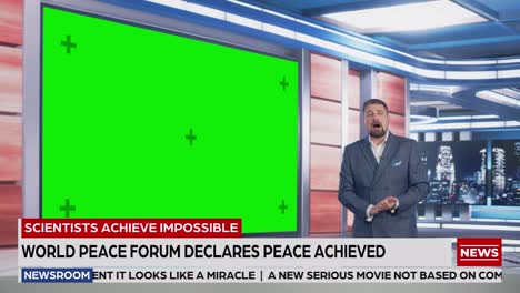 newsroom tv studio live news program: caucasian male presenter reporting news, uses big green screen chroma key screen. television cable channel anchor talks. network broadcast mock-up playback