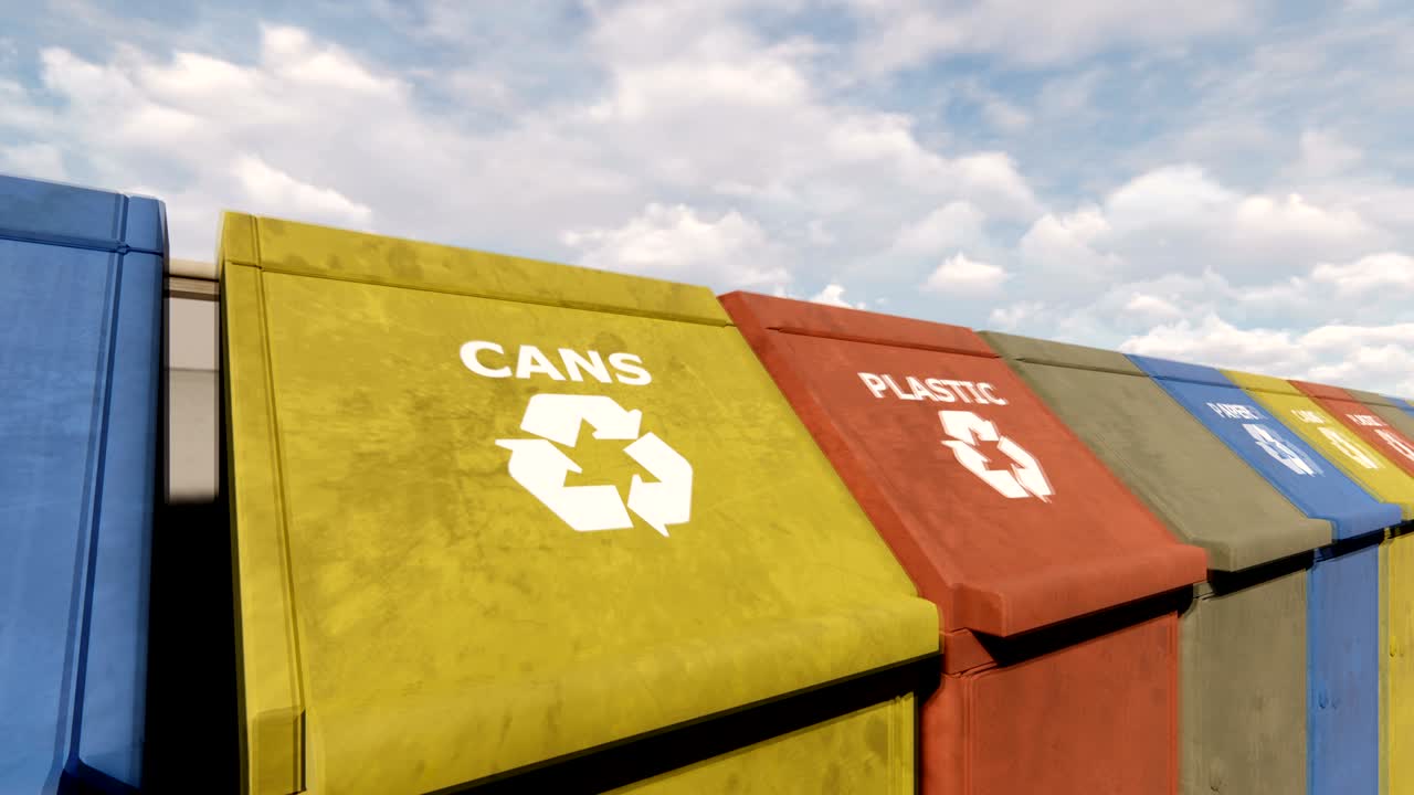 Eco-friendly Colorful Recycling Bins for different garbage In the City Park on a Sunny day. Looped realistic 3D animation.