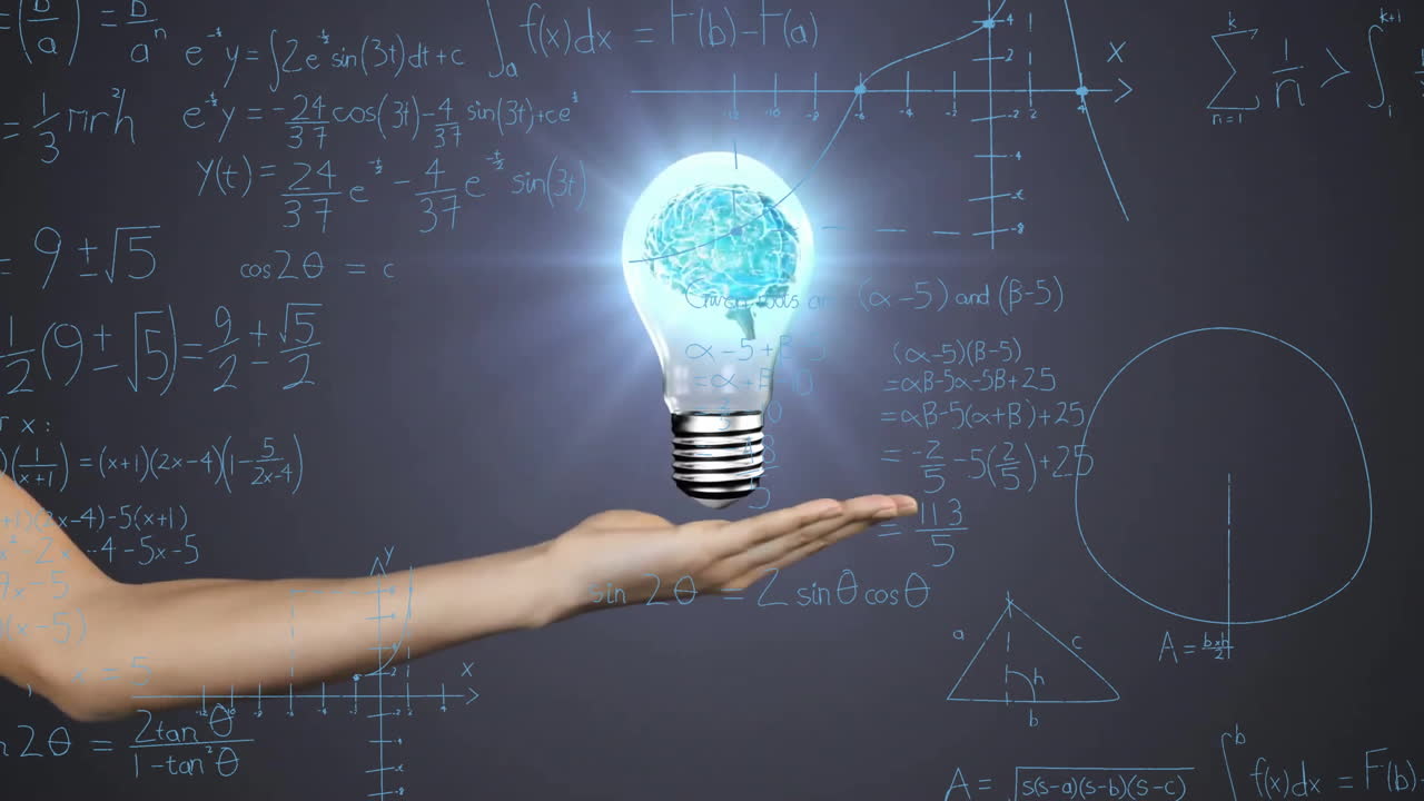 Animation of light bulb with brain over woman's hand and mathematical data processing