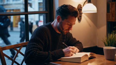 man reading and taking notes in a cozy cafe