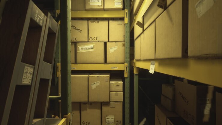 Storage area filled with stacked boxes in a dimly lit warehouse environment