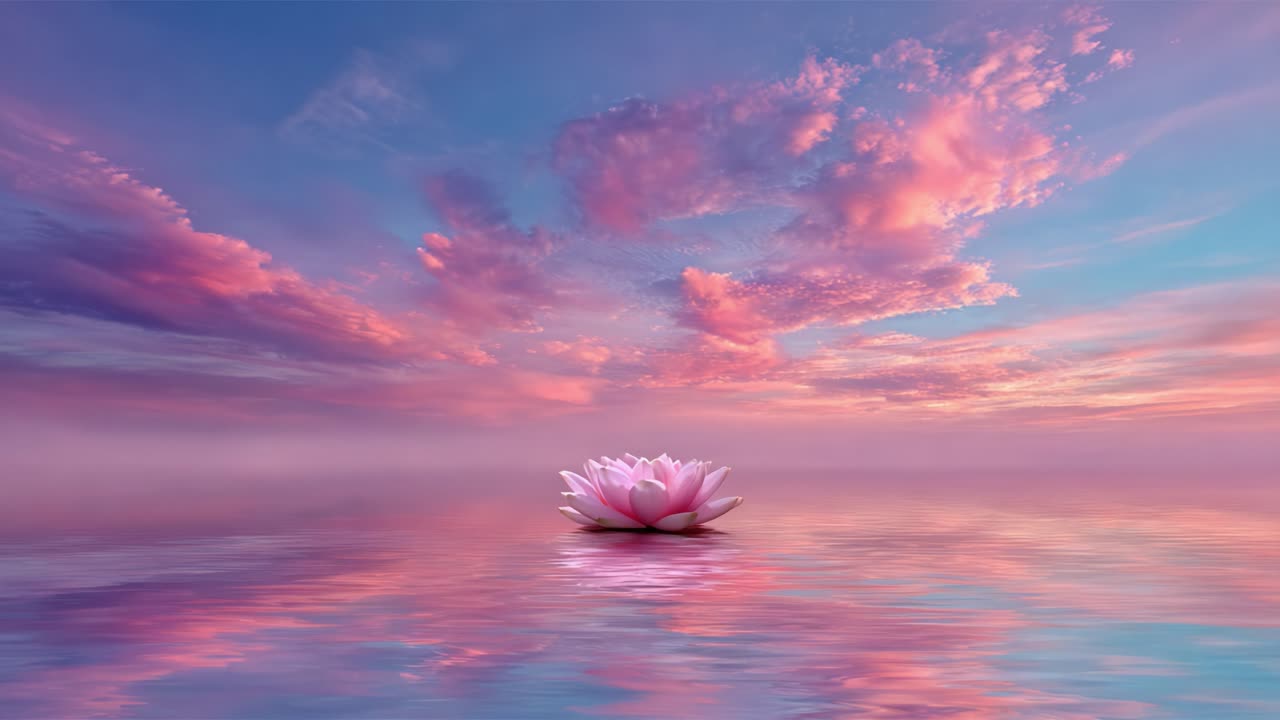 A Serene Lotus Flower Floating on Tranquil Waters Under a Dramatic Sky Filled with Colors, Reflecting the Beauty of Nature's Harmony at Dusk