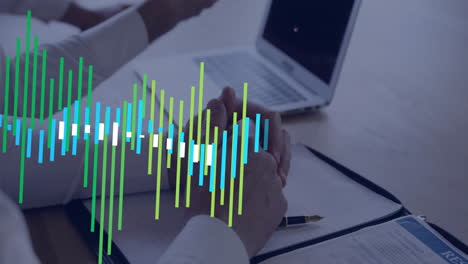 animation of financial data processing over diverse business people in office