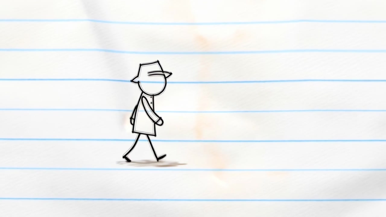 Simple ink-style character enters from left and continues walking across lightly textured ruled paper as brimmed hat becomes visible, with sparse composition, pale blue lines, and warm paper marks.