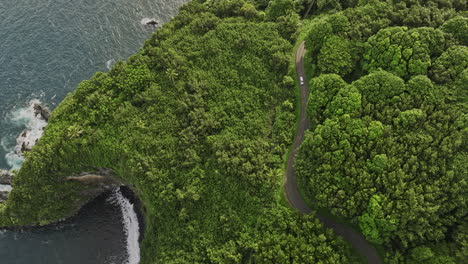 maui hawaii aerial v7 slow motion flyover pailoa point capturing rocky cliffs, sea cave, lush vegetations and scenic hana highway drive along the coastline - shot with mavic 3 cine - december 2022