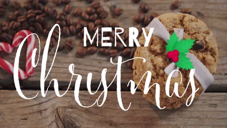 animación de texto de feliz navidad en blanco con holly sprig sobre galletas y cañas de caramelo.