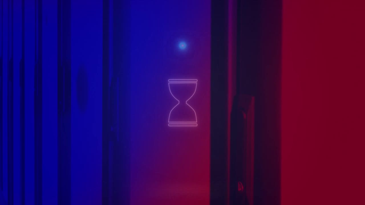 Animation of neon circle with hourglass over servers
