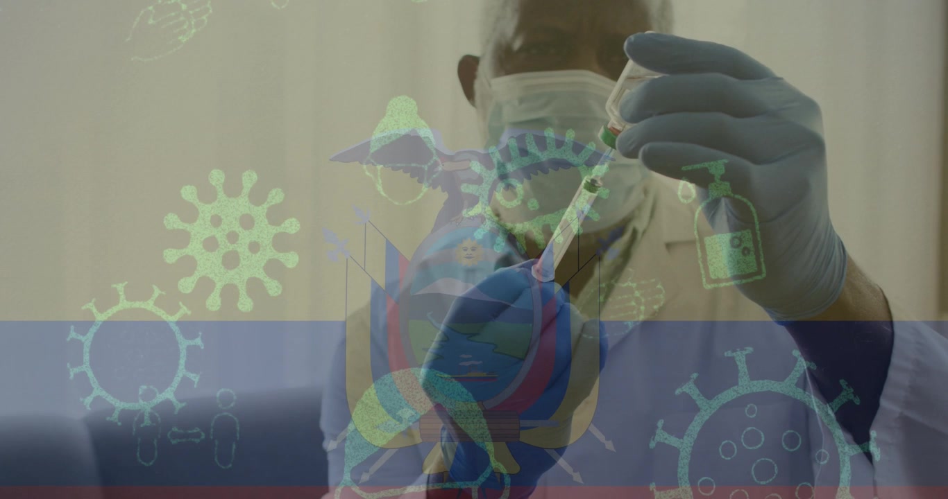 Animation of virus icons over caucasian male doctor holding vaccine