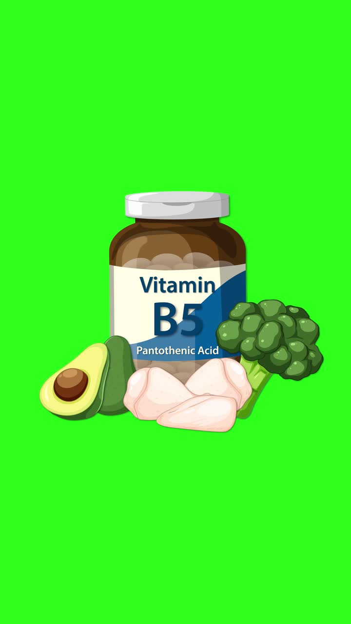 Flacone di Vitamina B5 appare con avocado, broccoli, pollo, su sfondo verde brillante, transizioni fluide