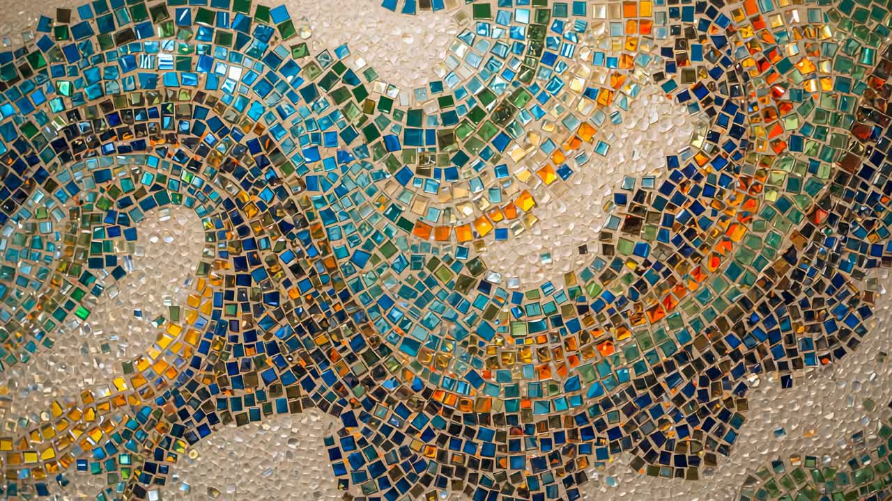 Shifting light causing glass mosaic tiles glinting and shimmering on wall, revealing wave design