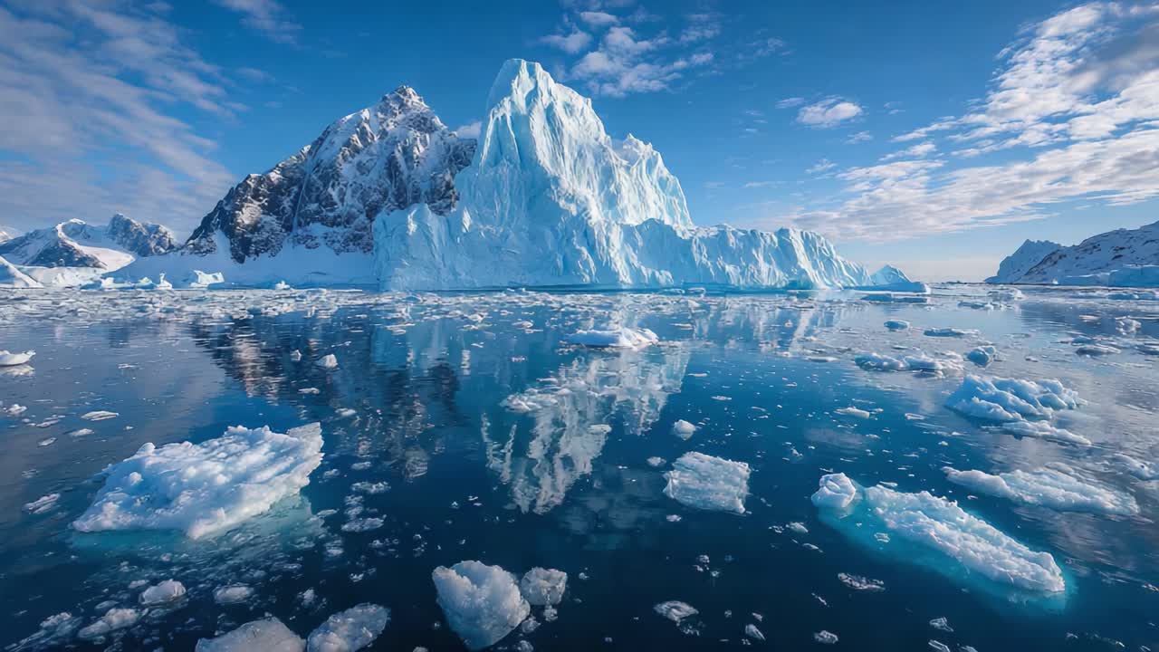 Stunning Glacial Landscape: Captivating Icebergs Reflecting in Crystal Clear Waters Beneath a Bright Blue Sky with Scattered Clouds in a Majestic Arctic Scene