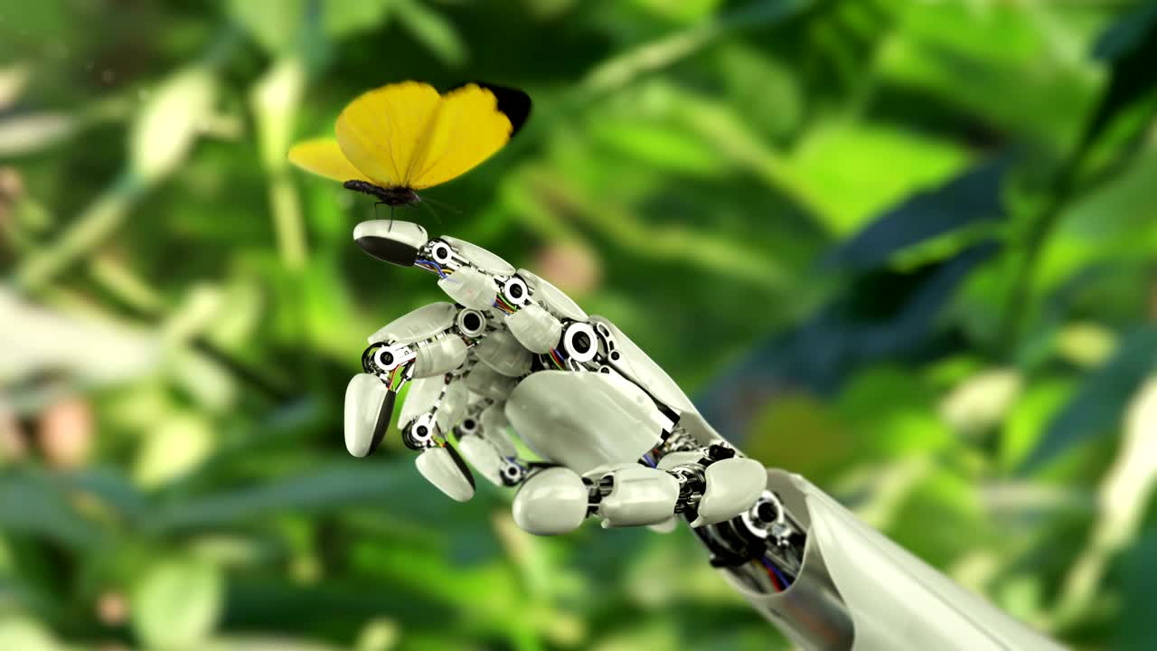 la mariposa amarilla aterriza en la mano del robot