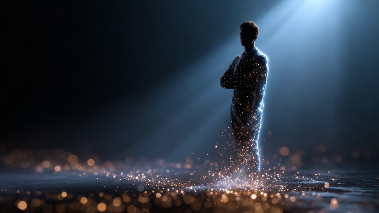 A mysterious figure illuminated by ethereal light stands against a dark backdrop, surrounded by sparkling particles, suggesting an ethereal or otherworldly presence