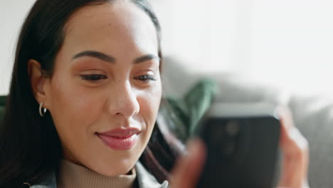 Woman,-phone-texting-and-laugh-closeup-at-home