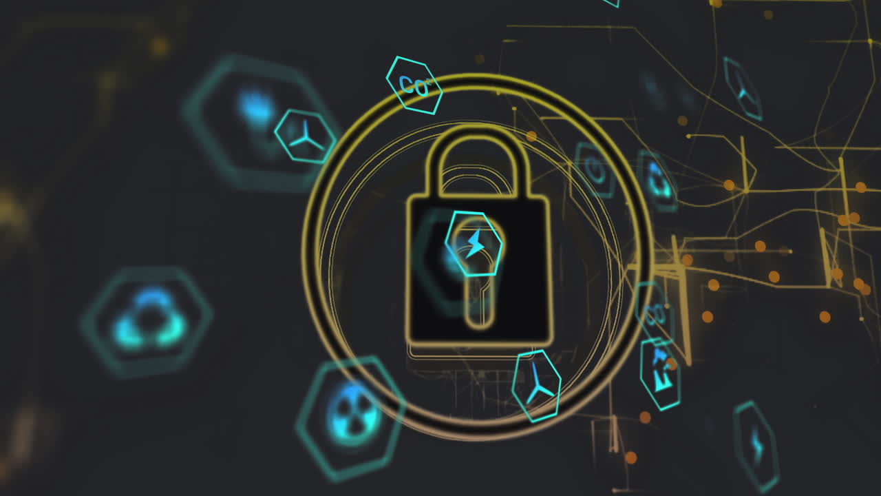 Cybersecurity UI being animated around glowing padlock, showing rotating rings and cyan hexagons