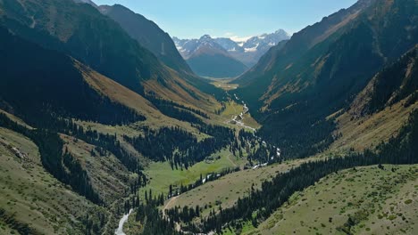 woodland valley landscape, snowy peaks, mountain streams, kyrgyzstan